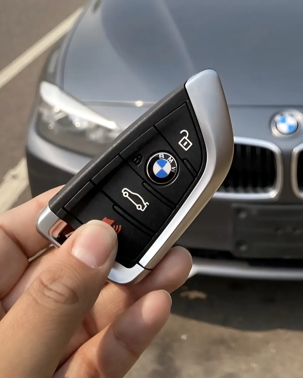 New BMW smart key held in front of a BMW, made on site by a mobile locksmith in Nassau County, NY